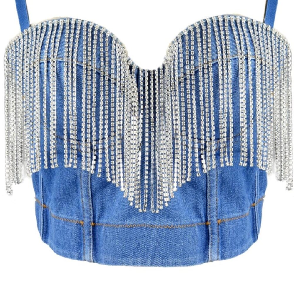 Ellacci Women's Rhinestone Blue Denim Bustier Crop Top Size XS